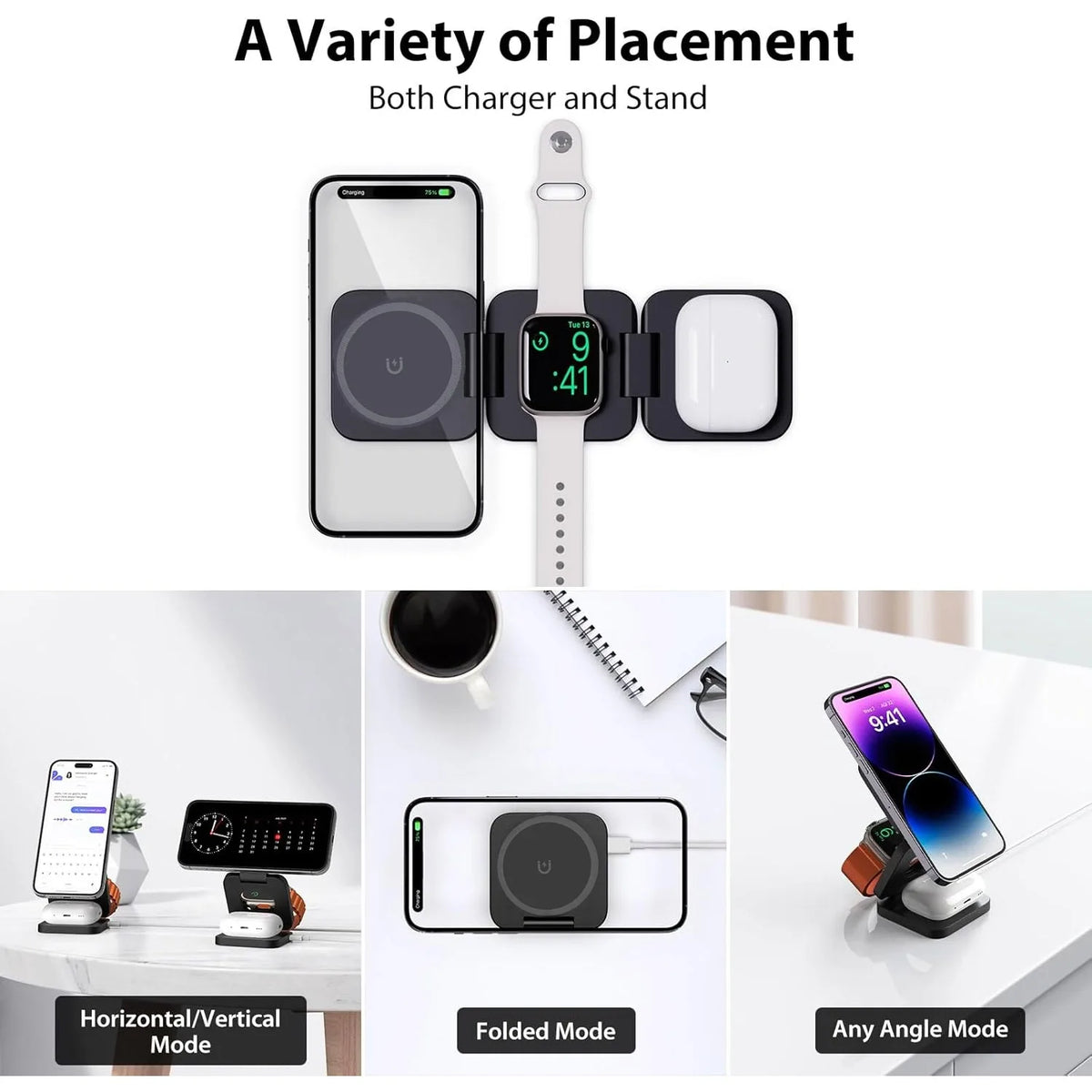 3-in-1 Ladestation faltbar – 3 Modi: Horizontal/Vertikal, Folded Mode, Any Angle Mode für iPhone, Apple Watch, AirPods