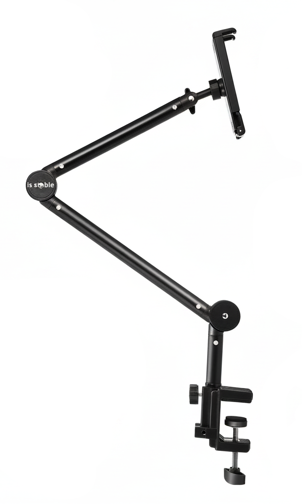 Tablet-Halter Aluminium-Schwenkarm – Detailansicht: Drehknöpfe, Gelenk, Klemme und Kompatibilität 4–13 Zoll
