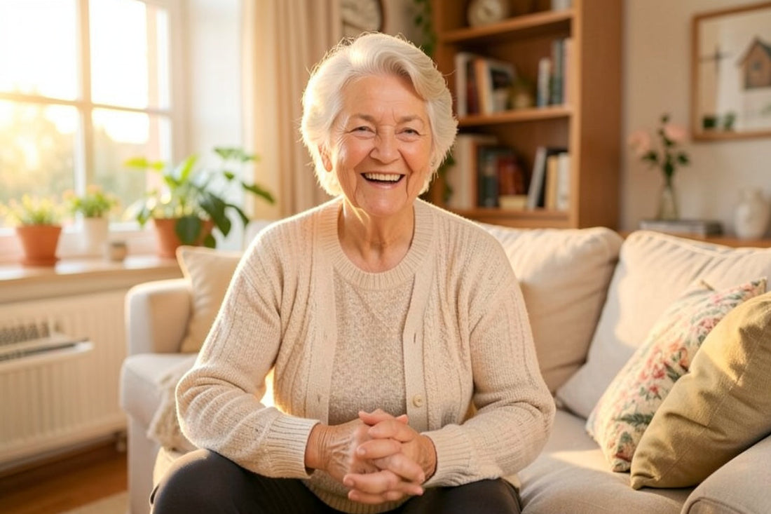 Fröhliche Seniorin in hellem Wohnzimmer – selbstständig, aktiv, umgeben von ihrem vertrauten Zuhause. Warmes Licht, einladende Atmosphäre. Kein spezifisches Produkt, sondern Lebensfreude & Selbstständigkeit.