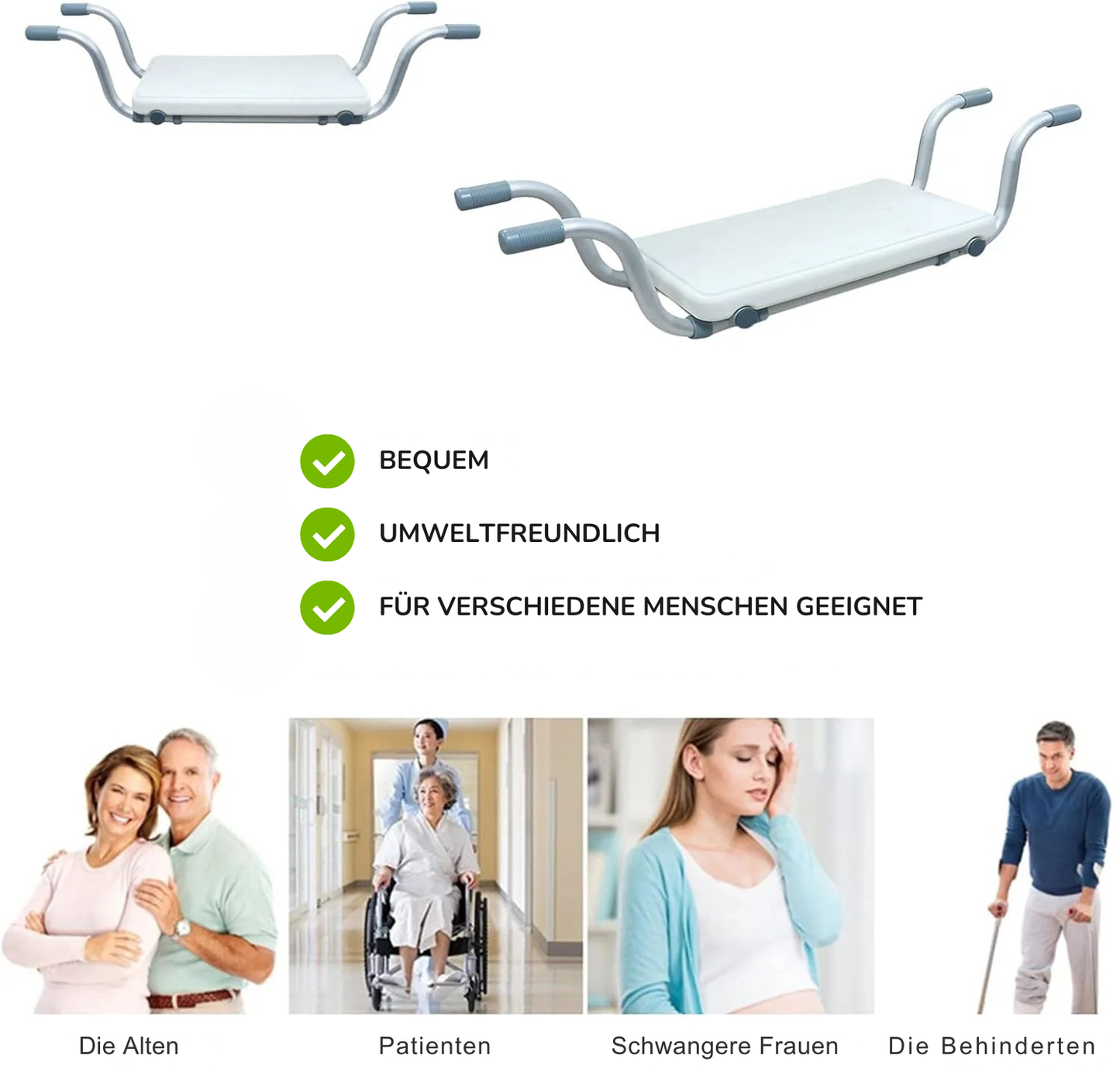 Badewannensitz Features – CE-zertifiziert, 136 kg Tragkraft, Aluminium & HDPE, rutschfest