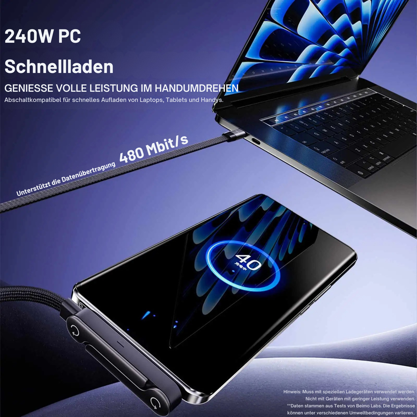 240W USB-C Schnellladekabel mit klappbarem Handyständer