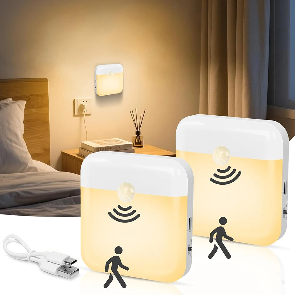 2er-Set LED-Nachtlicht mit Bewegungssensor USB-C – warmweißes Licht im Schlafzimmer
