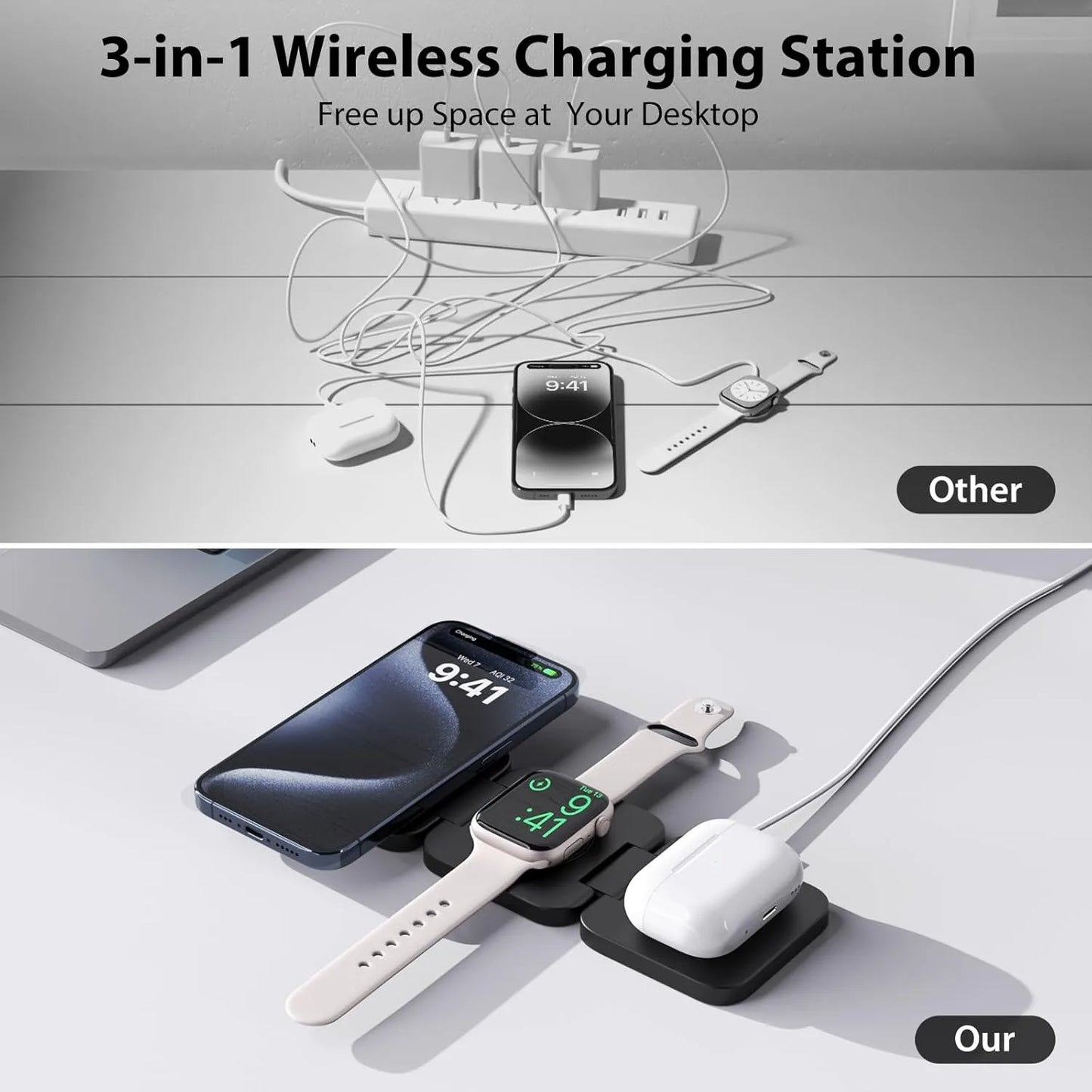 3-in-1 Wireless Charging Station – Vergleich: Kabelsalat anderer Lader vs. aufgeräumter Schreibtisch mit unserer Station