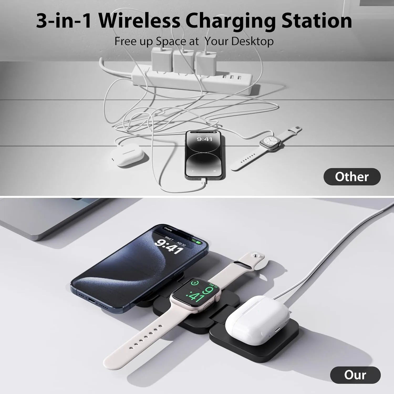 3-in-1 Wireless Charging Station – Vergleich: Kabelsalat anderer Lader vs. aufgeräumter Schreibtisch mit unserer Station