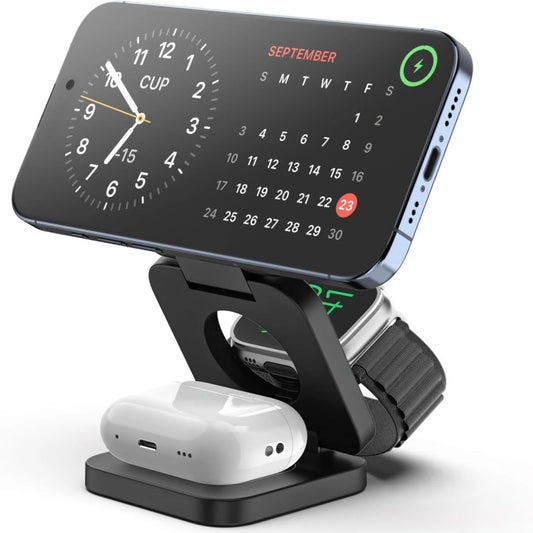 3-in-1 Wireless Ladestation Schwarz – iPhone, Apple Watch und AirPods gleichzeitig laden, aufgeklappt
