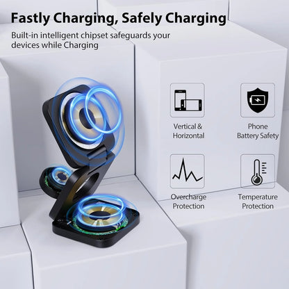 3-in-1 Wireless Ladestation Sicherheit: Überladen- und Temperaturschutz, intelligenter Chip, vertikal & horizontal nutzbar