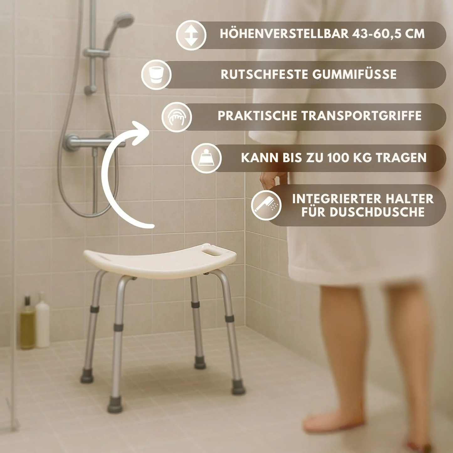 Anti-Rutsch-Gummifüße des Duschstuhls – sicherer Stand auf nassem Badezimmerboden