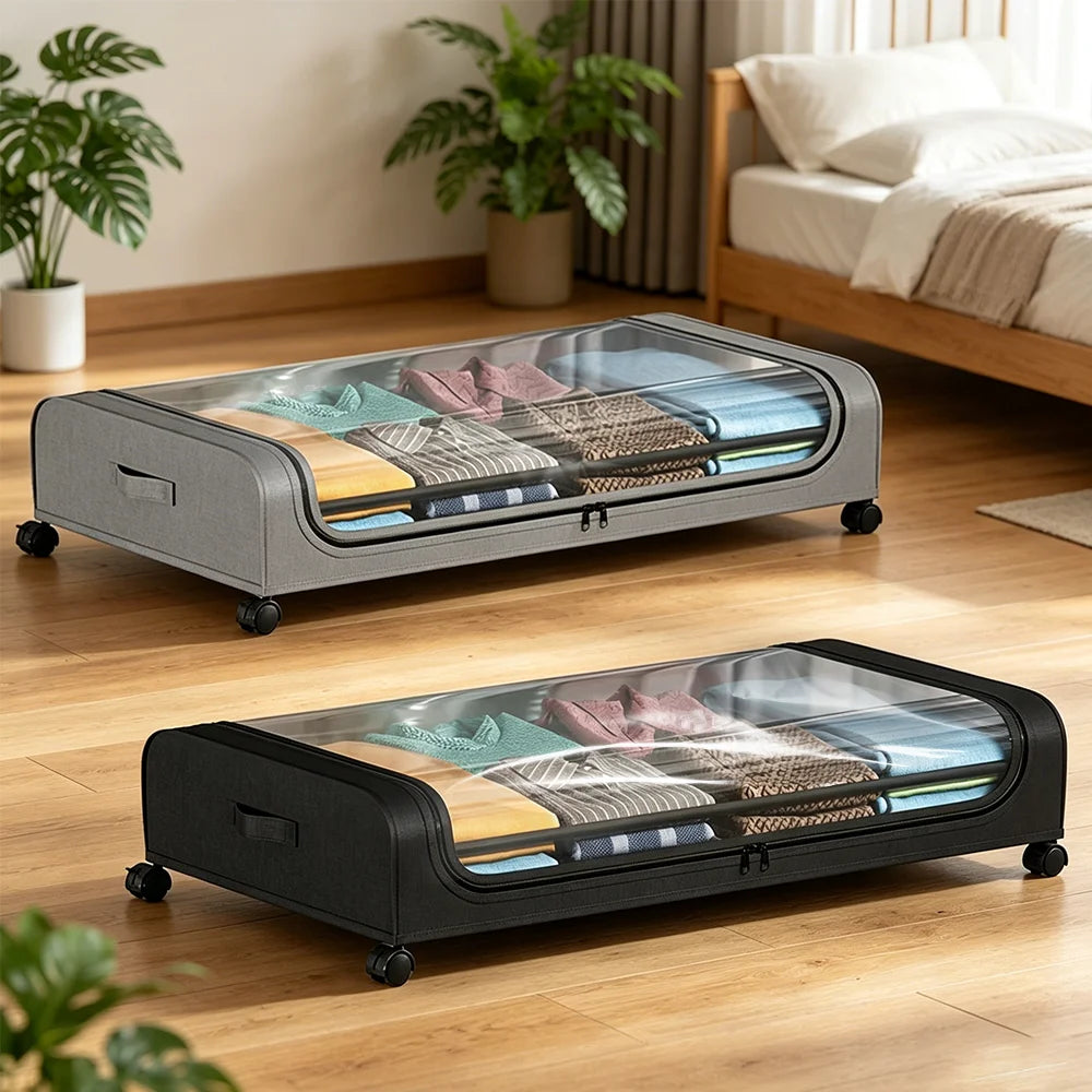 Ausziehbare Unterbett‑Box für Kleidung und Schuhe mit stabilem Rahmen.