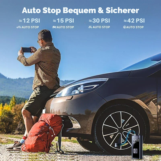 Kabelloser Luftkompressor 150 PSI im Einsatz – Auto Stop Funktion bei 12, 15, 30 und 42 PSI