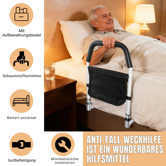 Bettgitter für Senioren mit Aufstehhilfe – Senior nutzt stabilen Handgriff zum sicheren Aufstehen aus dem Bett