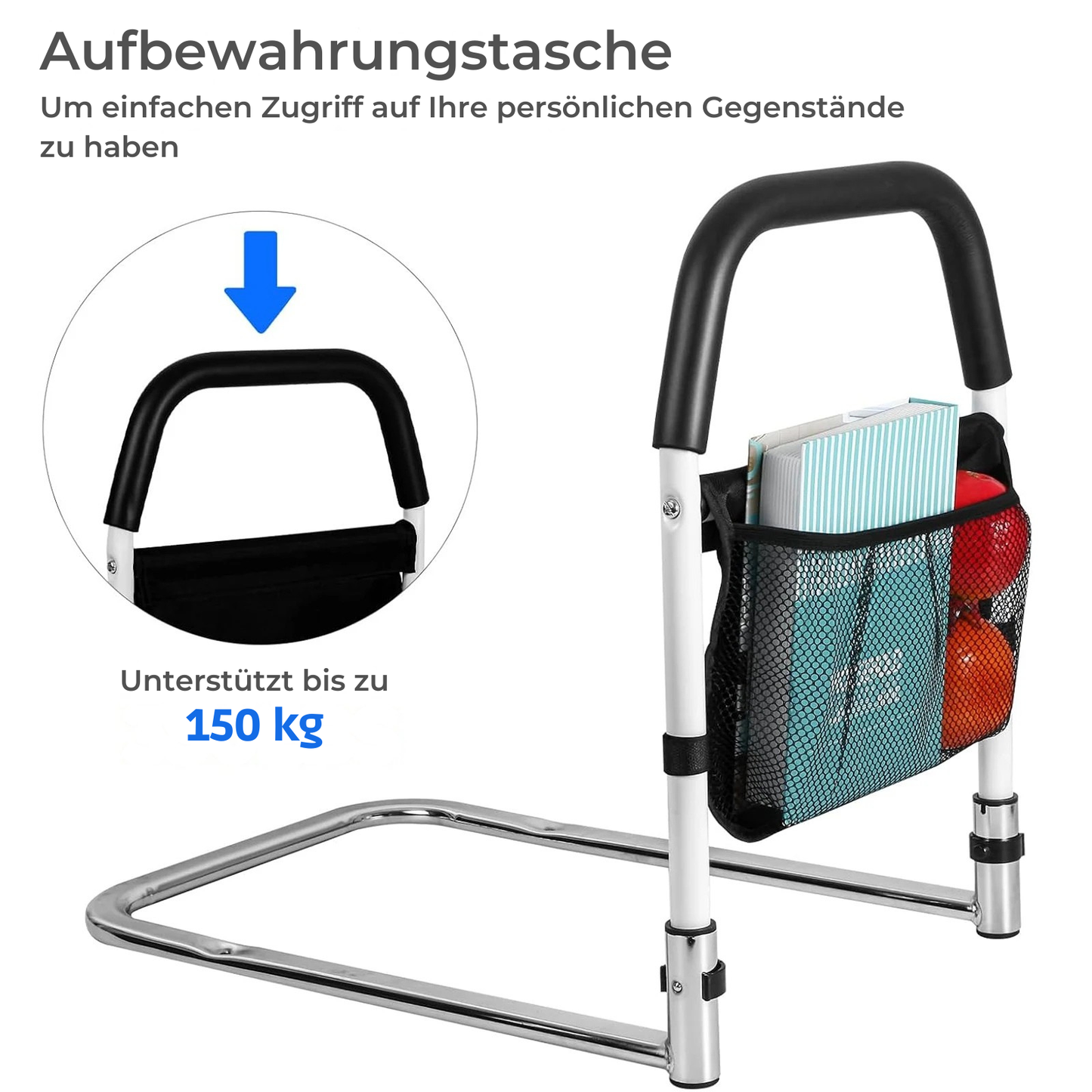 Bettgitter mit 20,5 Zoll Stabilisierungsstange – stabile Aufstehhilfe bis 150 kg für Senioren