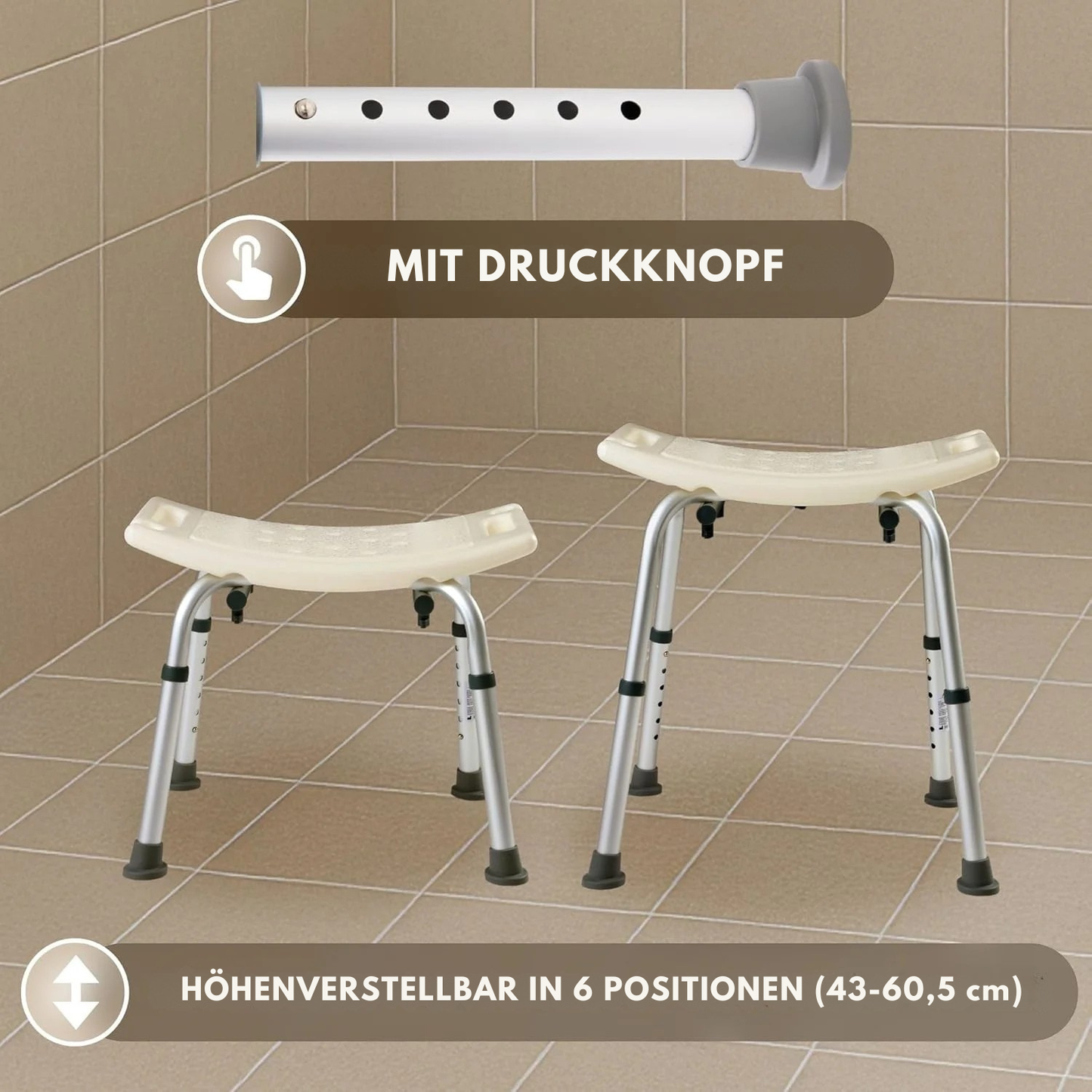 Duschstuhl Höhenverstellung – 8 Stufen von 43 bis 60,5 cm, Aluminiumrahmen 25 mm
