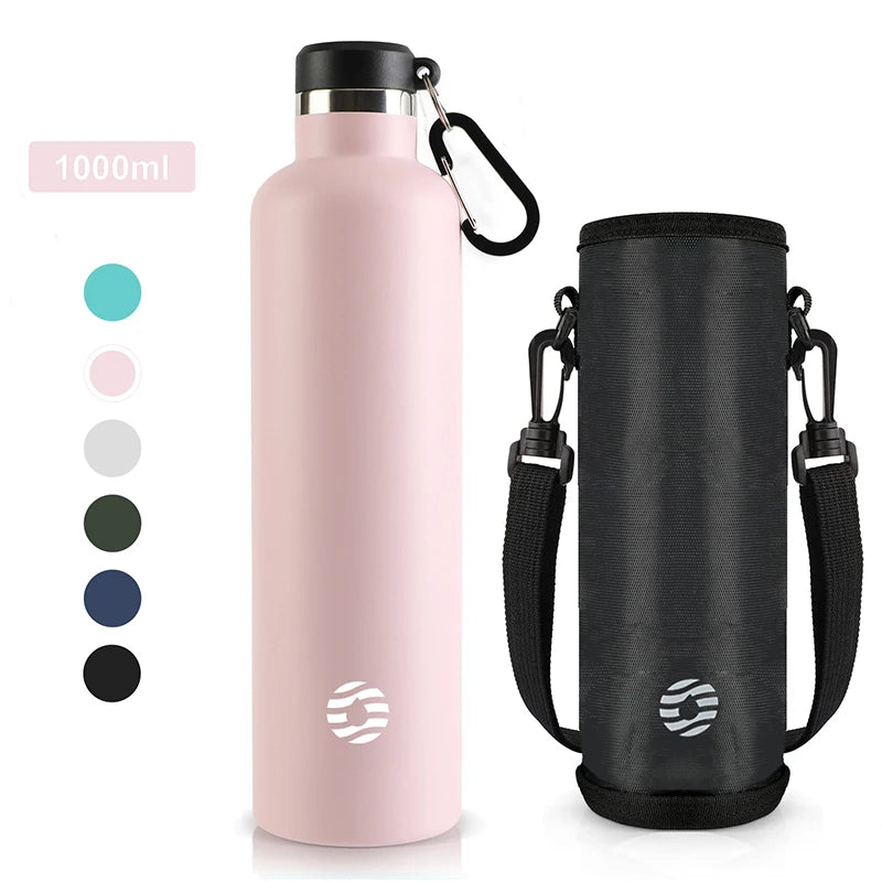Edelstahl-Thermosflasche 1000ml Rosa mit Tragetasche – erhältlich in 6 Farben: Türkis, Rosa, Weiß, Dunkelgrün, Navy, Schwarz