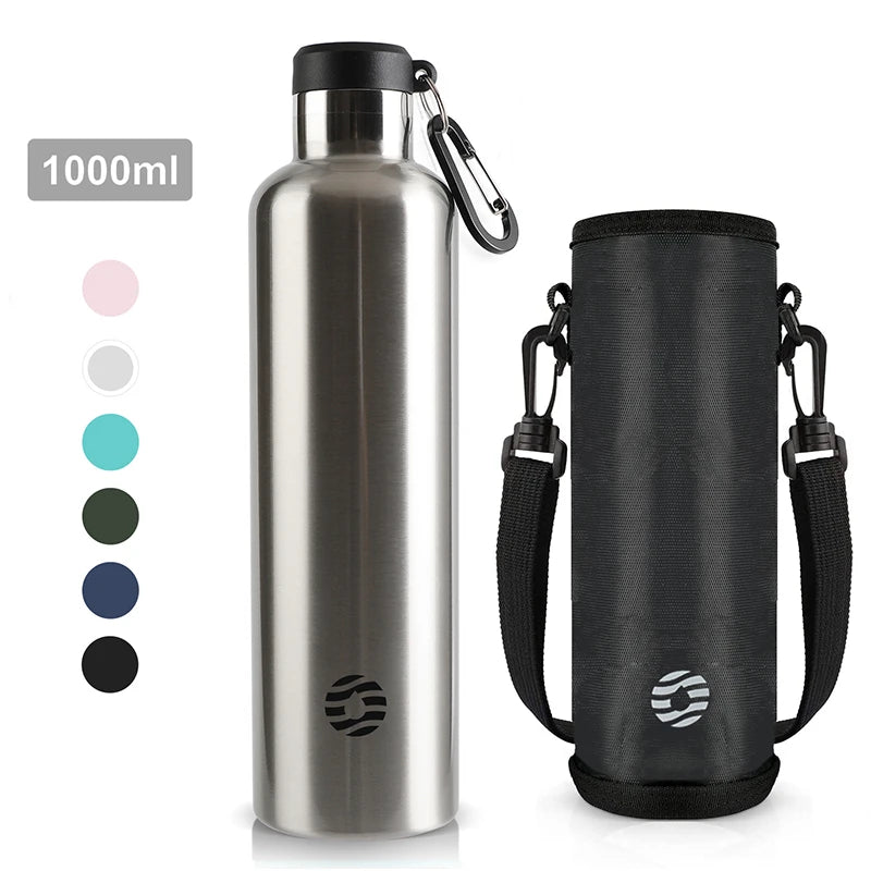 Edelstahl-Thermosflasche 1000ml Silber mit Karabiner und schwarzer Tragetasche – doppelwandige Isolierung