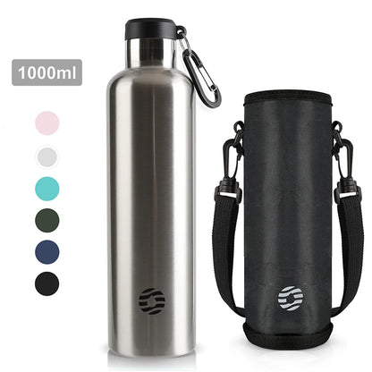 Edelstahl-Thermosflasche 1000ml Silber mit Karabiner und schwarzer Tragetasche – doppelwandige Isolierung