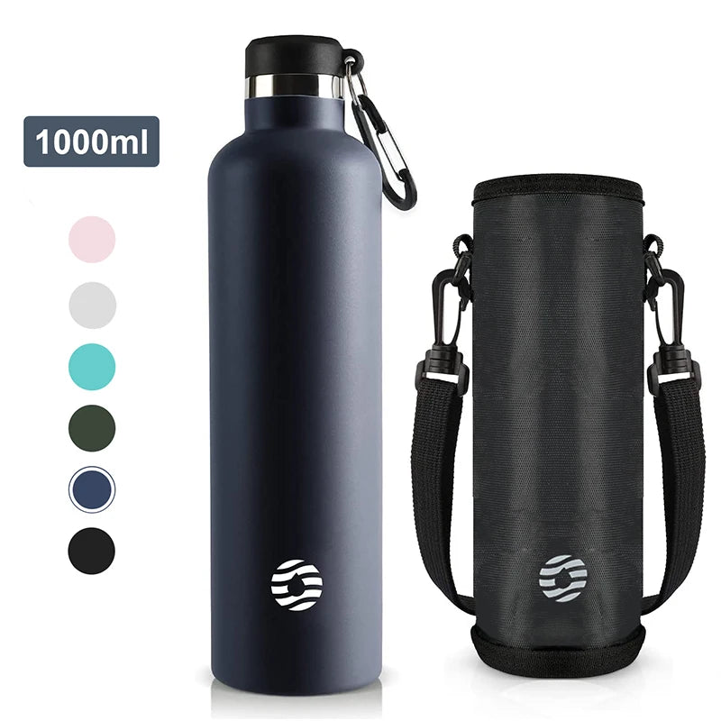 Edelstahl-Thermosflasche 1000ml mit Tragetasche – Detailansicht Deckel mit Karabiner und Schulterriemen
