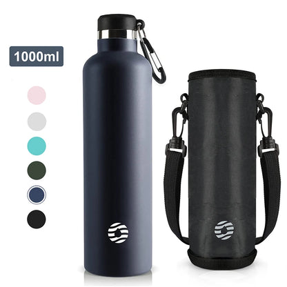 Edelstahl-Thermosflasche 1000ml mit Tragetasche – Detailansicht Deckel mit Karabiner und Schulterriemen