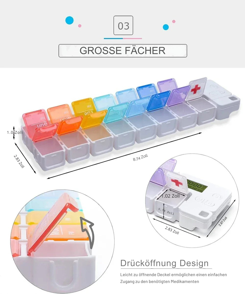 Geöffnet – große Fächer für Morgen- und Abendmedikamente