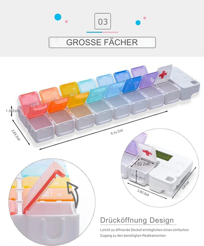 Geöffnet – große Fächer für Morgen- und Abendmedikamente