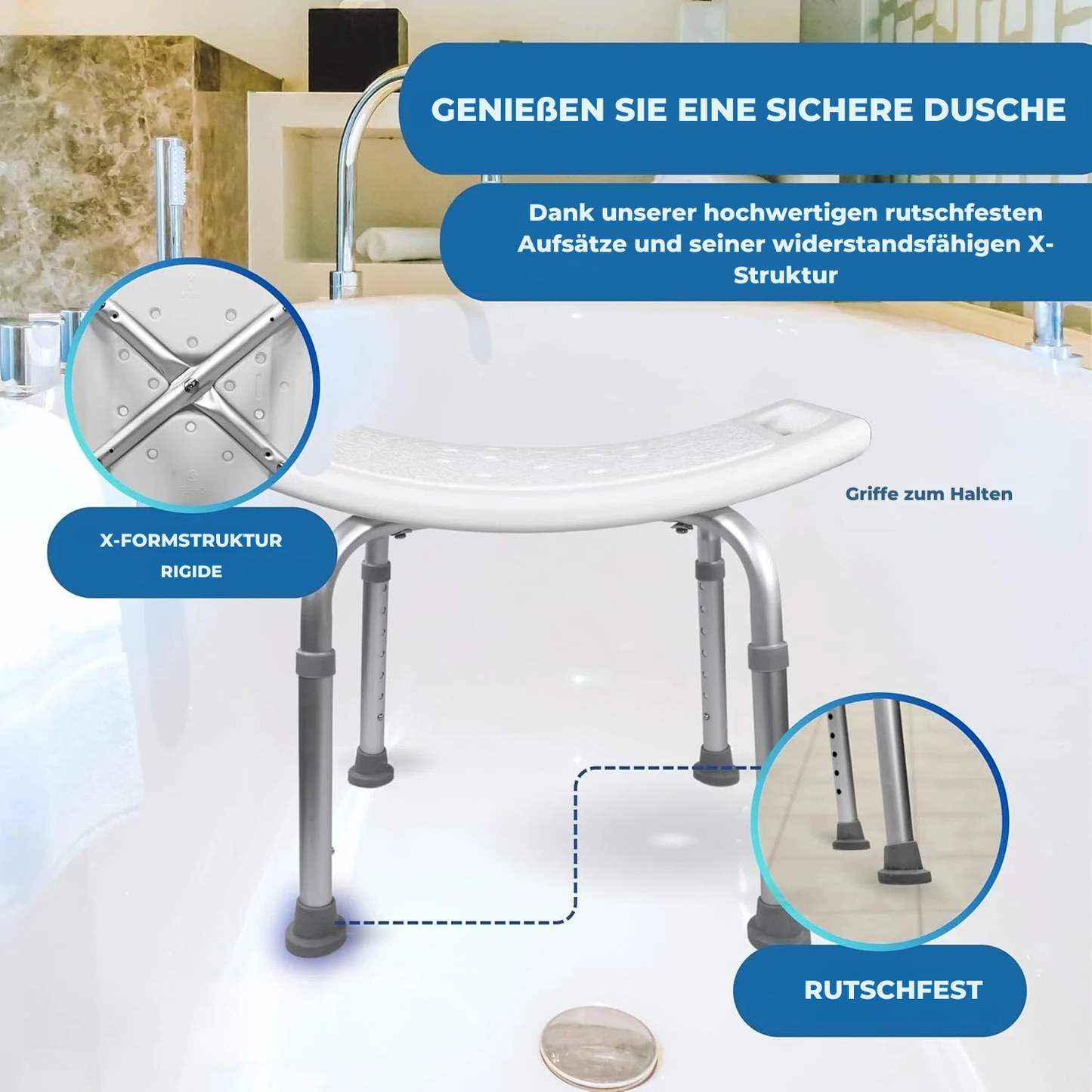 Höhenverstellbarer Duschhocker – mehrere Stufen von 43 bis 60,5 cm einstellbar