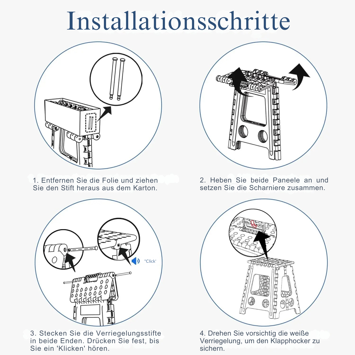 Klappbarer Tritthocker Aufbauanleitung – 4 Schritte: Folie entfernen, Scharniere zusammensetzen, Stifte einrasten, Verriegelung sichern