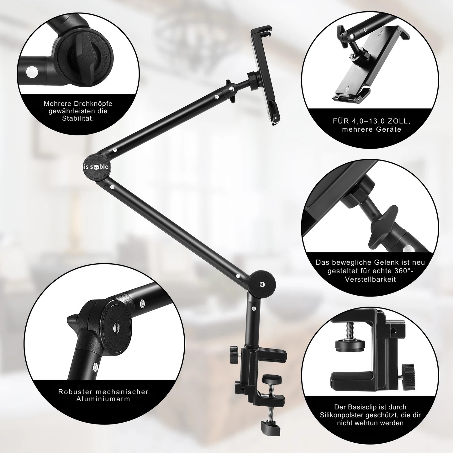 Tablet-Halter für Bett & Schreibtisch – 360° drehbar, Aluminium-Arm