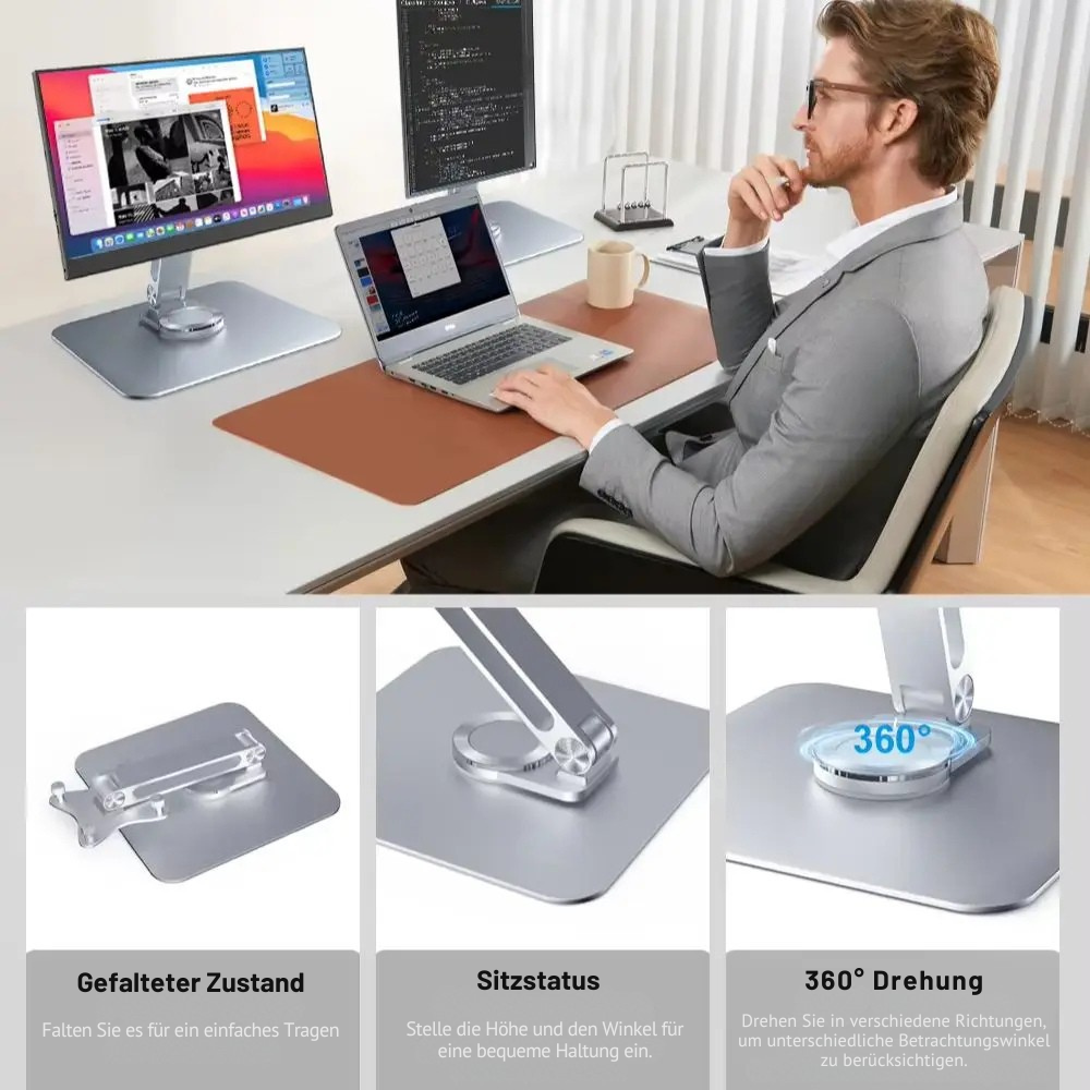 Monitor-Ständer Detailansicht – VESA-Halterung, Gelenk und Standfuß aus Aluminiumlegierung