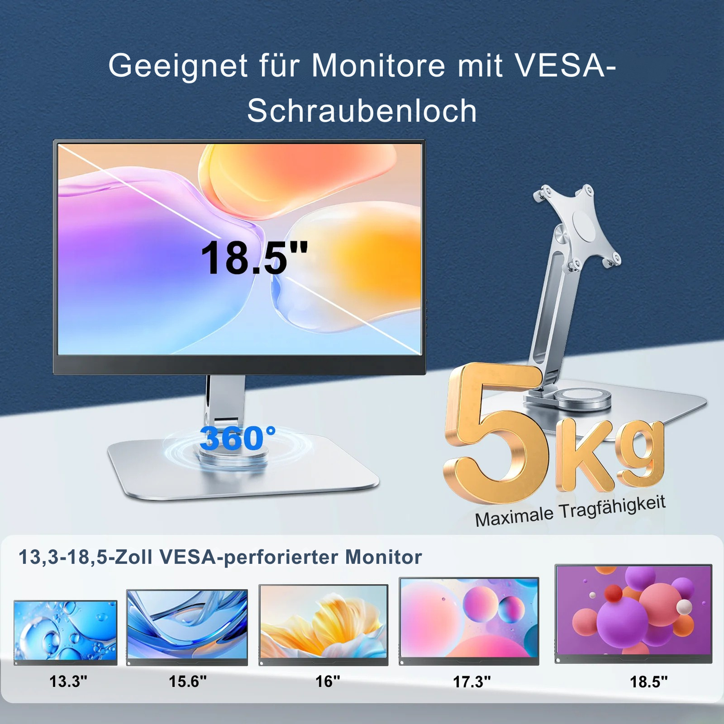 Monitor-Ständer für VESA-Monitore 13,3–18,5 Zoll – 360° drehbar, max. 5 kg Traglast