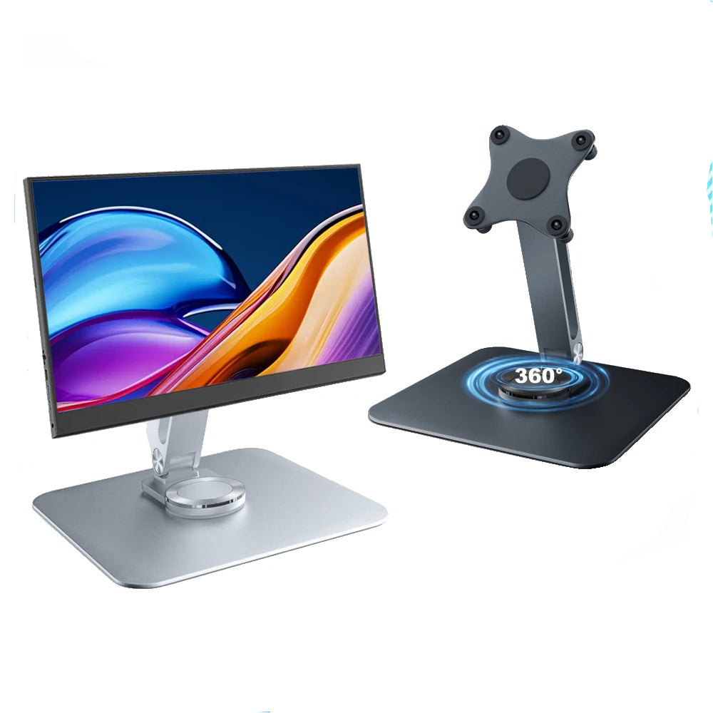 Monitor-Tischständer 360° drehbar – Silber mit Monitor und Schwarz ohne Monitor, freigestellt
