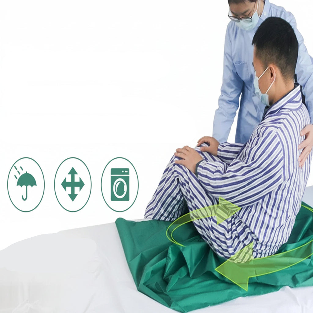 Pflege-Gleittuch Umlagerungshilfe – Pflegekraft lagert bettlägerigen Patienten sicher um.