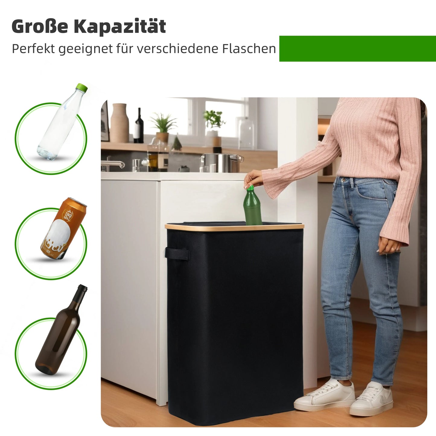 Pfandflaschen-Sammelbehälter 140L mit Deckel – Bambus Aufbewahrung für Küche