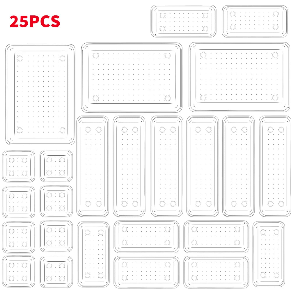 25-teiliges Schubladen-Organizer-Set – Transparente Kunststoff-Trennfächer in 4 Größen