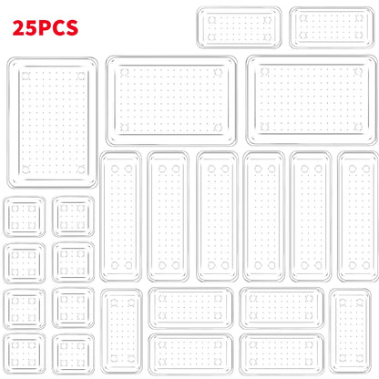 25-teiliges Schubladen-Organizer-Set – Transparente Kunststoff-Trennfächer in 4 Größen