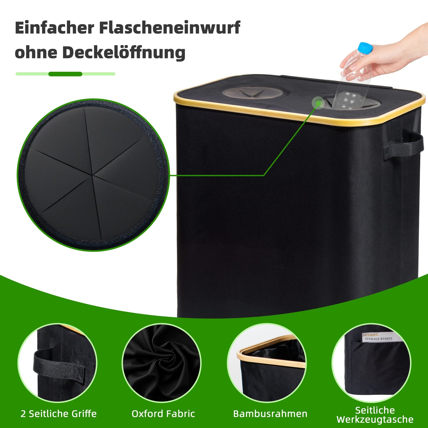 Pfandflaschen-Sammelbehälter 140L mit Deckel – Bambus Aufbewahrung für Küche