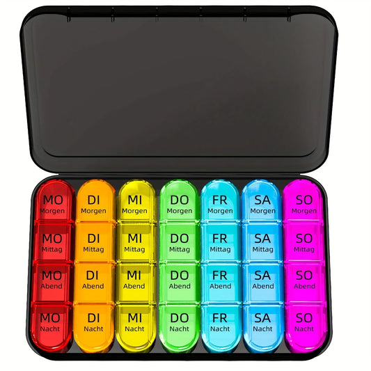 Wöchentlicher Pillen‑Organizer mit 28 Fächern für 4 tägliche Einnahmezeiten – übersichtliche Medikamentenaufbewahrung für Senioren
