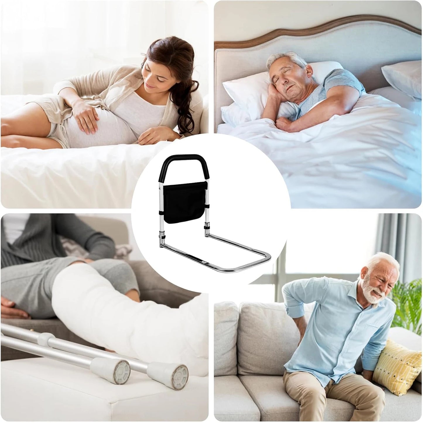 Seniorin nutzt Bettgitter mit Aufstehhilfe – sicheres Aufstehen aus dem Bett ohne fremde Hilfe