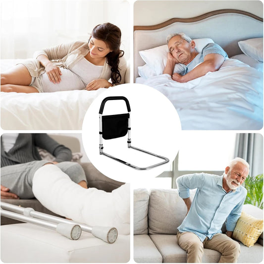 Seniorin nutzt Bettgitter mit Aufstehhilfe – sicheres Aufstehen aus dem Bett ohne fremde Hilfe