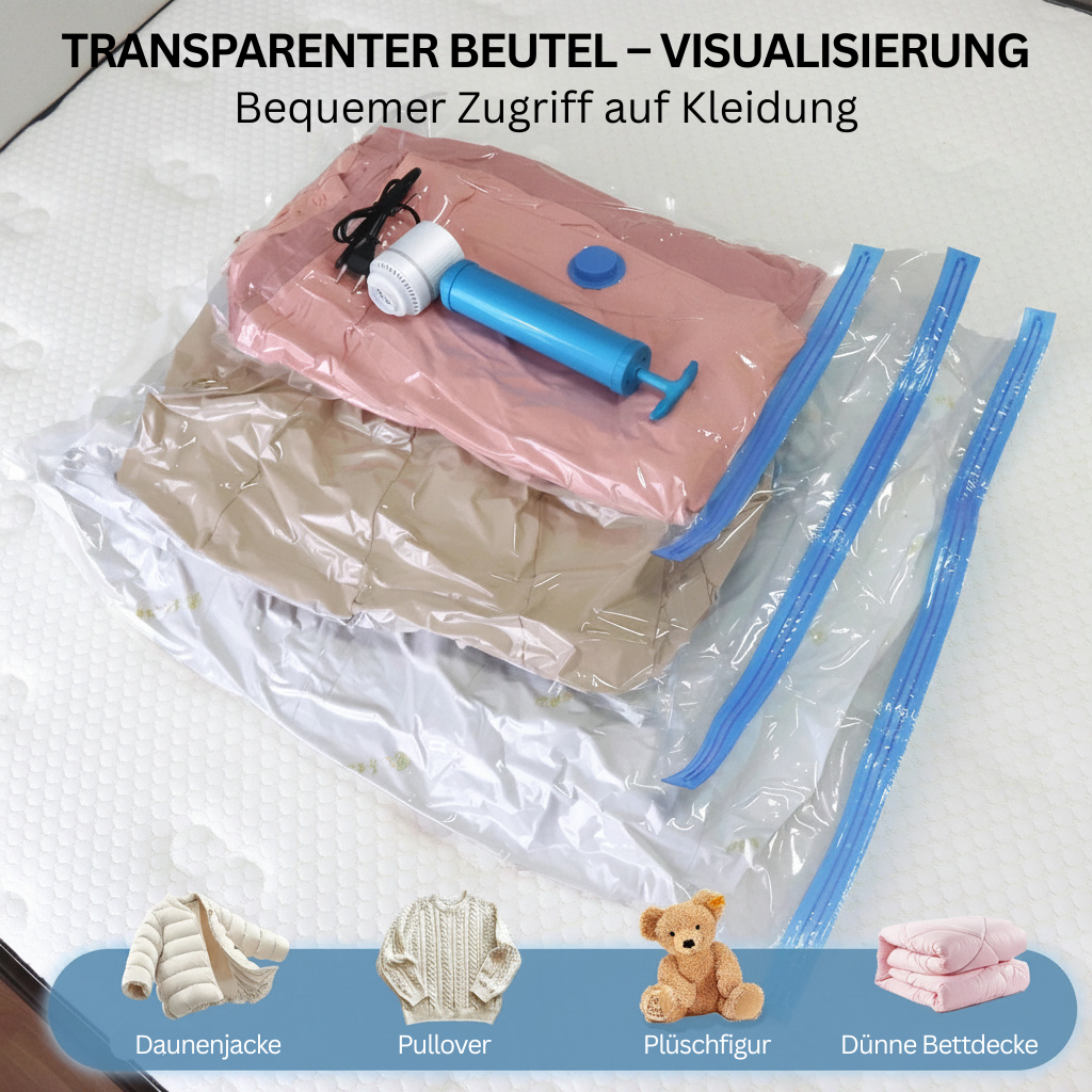 Vakuum‑Beutel für Kleidung – Platzsparend mit Ventil & Handpumpe