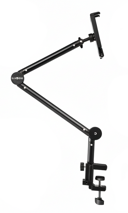 Tablet-Halter Aluminium-Schwenkarm – Detailansicht: Drehknöpfe, Gelenk, Klemme und Kompatibilität 4–13 Zoll
