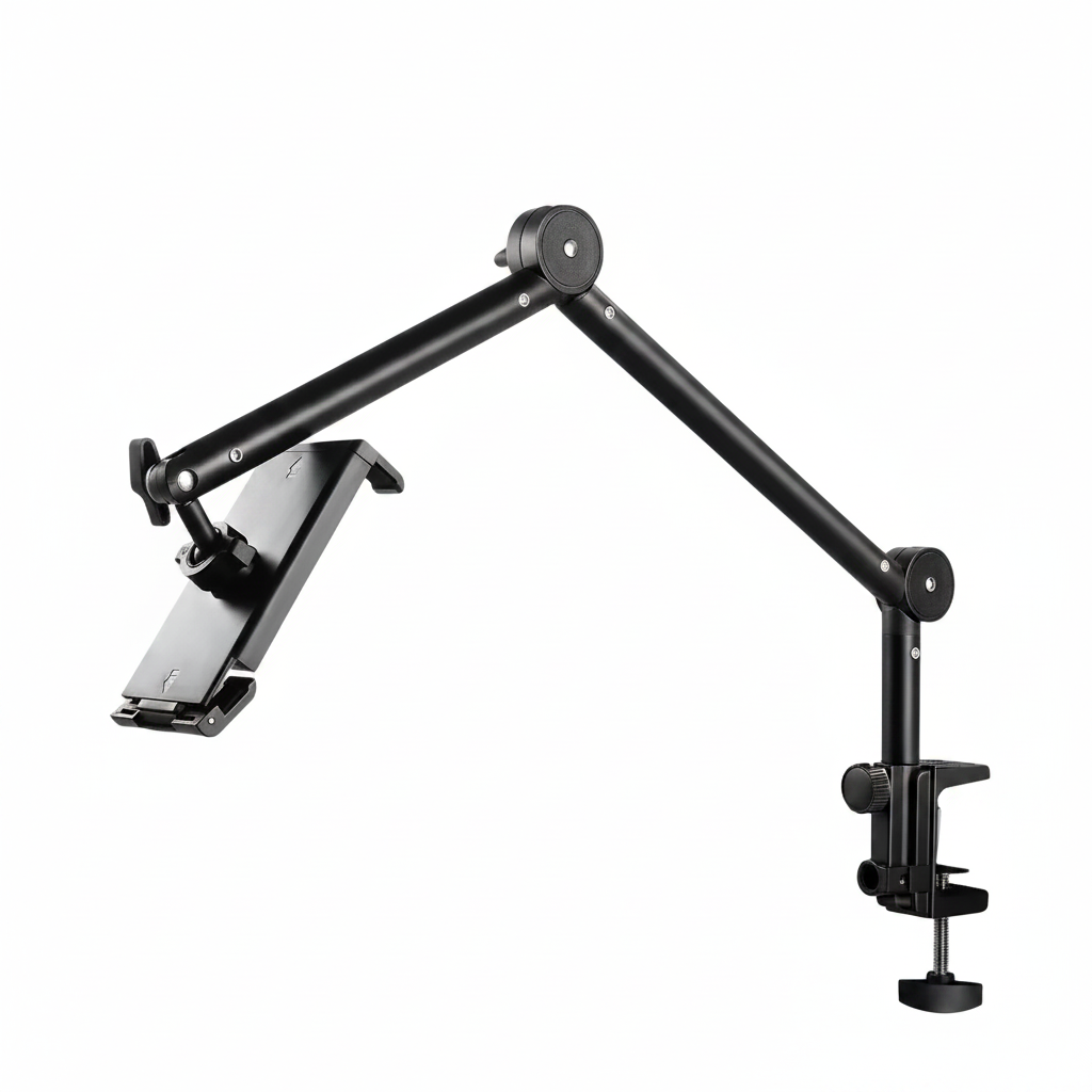Tablet-Halter Maßzeichnung: Armlänge 30+35 cm, 240° faltbar, 360° drehbar, Tischklemme