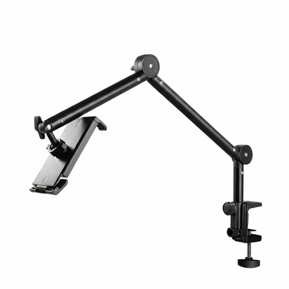 Tablet-Halter Maßzeichnung: Armlänge 30+35 cm, 240° faltbar, 360° drehbar, Tischklemme