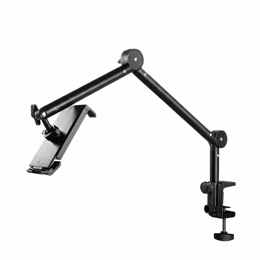Tablet-Halter Maßzeichnung: Armlänge 30+35 cm, 240° faltbar, 360° drehbar, Tischklemme