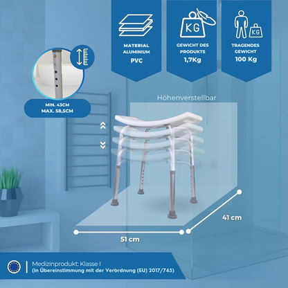 Technische Daten Duschhocker – 130 kg Tragkraft, 1,98 kg leicht, Maße 51×39 cm