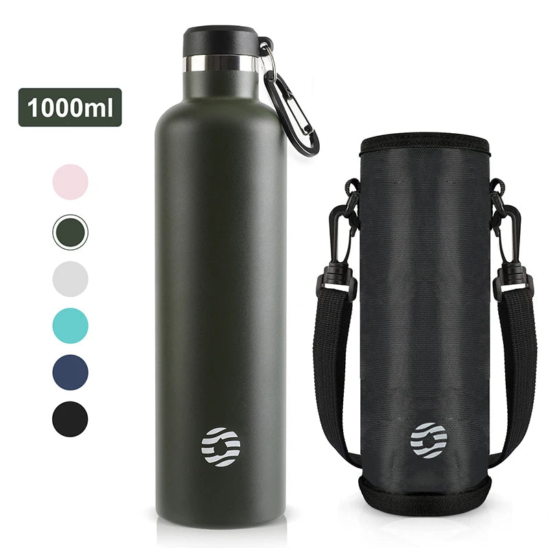 Thermosflasche 1000ml Dunkelgrün mit Karabiner und Tragetasche mit Schulterriemen – Edelstahl doppelwandig