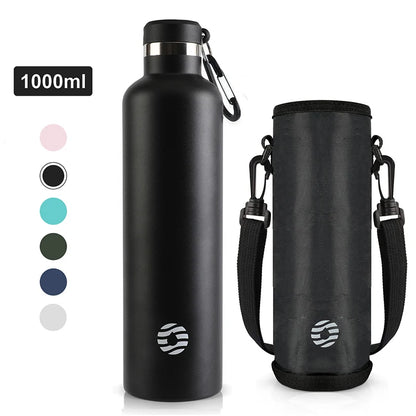 Thermosflasche 1000ml Schwarz mit Tragetasche – erhältlich in 6 Farben: Rosa, Schwarz, Türkis, Dunkelgrün, Navy, Weiß