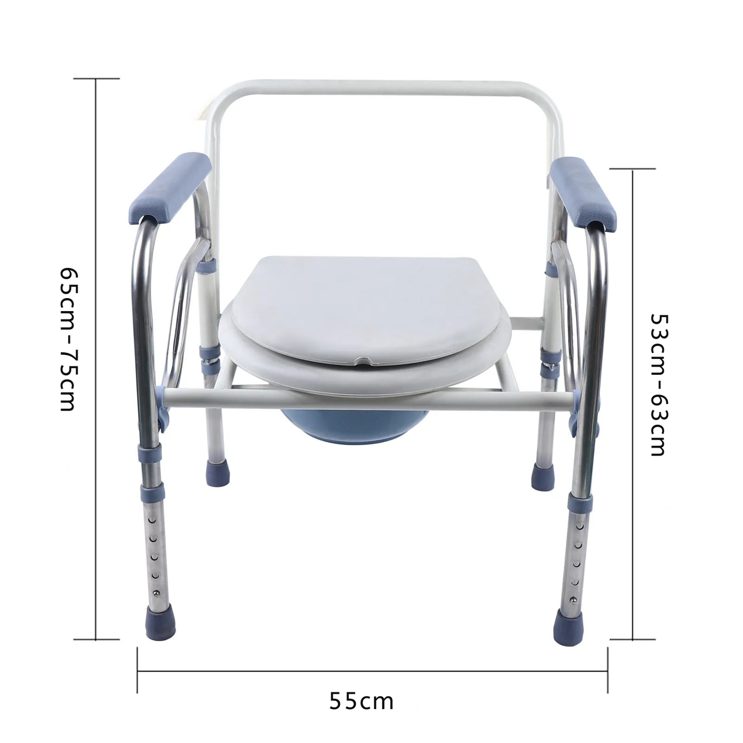 Toilettenstuhl Maße – Höhe 65–75 cm, Breite 55 cm, höhenverstellbarer Edelstahlrahmen