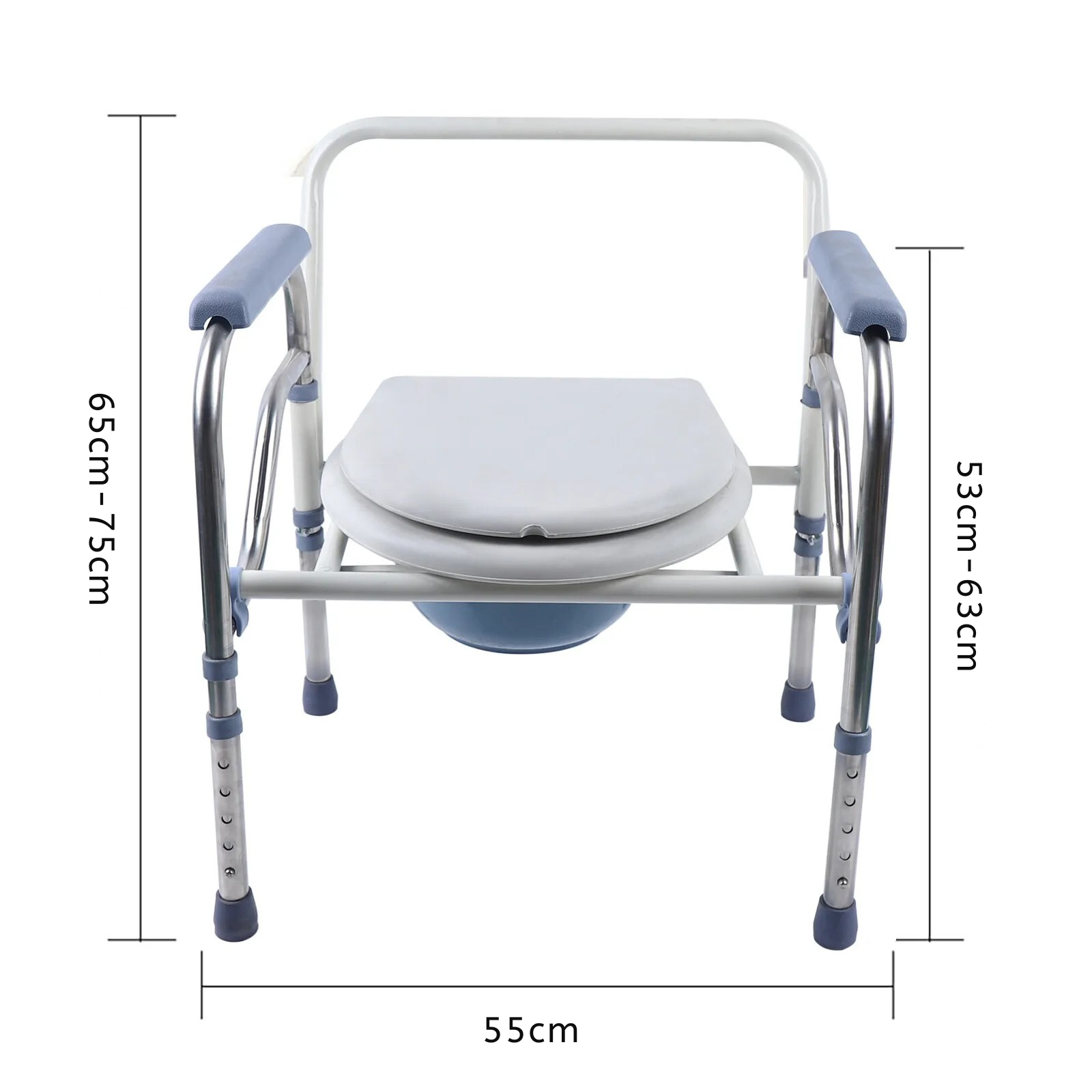 Toilettenstuhl Maße – Höhe 65–75 cm, Breite 55 cm, höhenverstellbarer Edelstahlrahmen