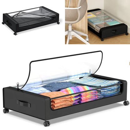 Unterbett‑Aufbewahrungsbox mit Rollen und Deckel, neutral in Grau.