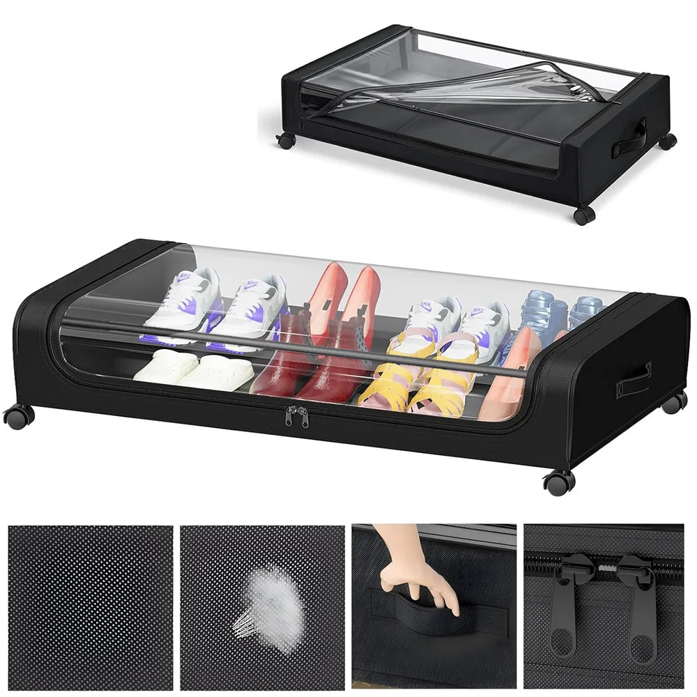 Unterbett‑Aufbewahrungsbox mit Rollen und Deckel, neutral in Schwarz.