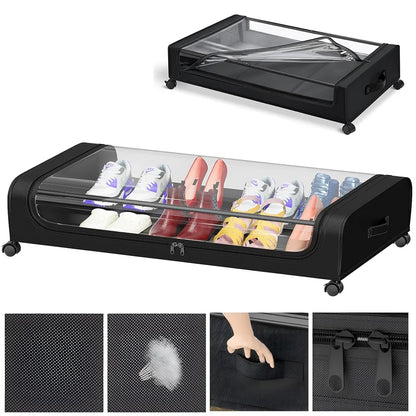 Unterbett‑Aufbewahrungsbox mit Rollen und Deckel, neutral in Schwarz.